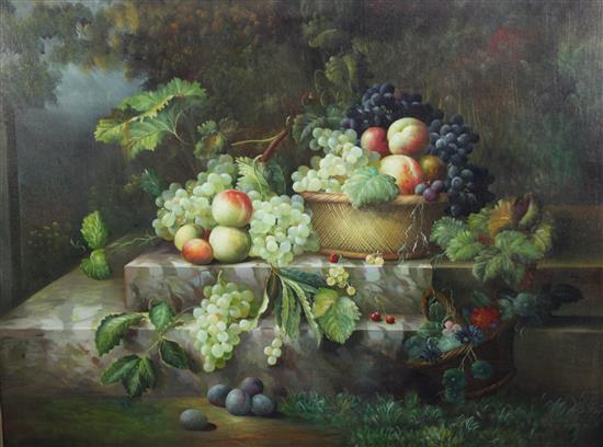 English School Still life of fruit on a marble ledge 36 x 48in.